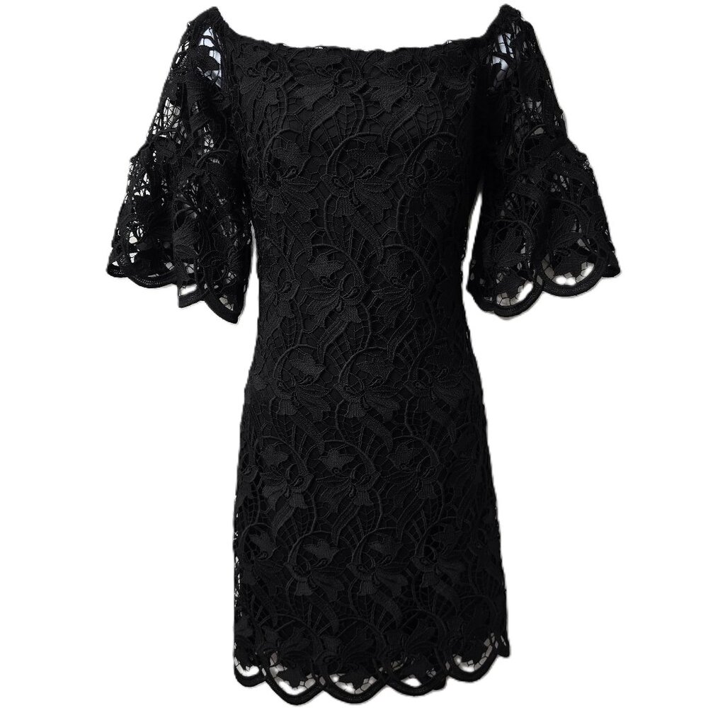 Ralph Lauren Lace Cocktail Dress 6 Flare Sleeve Off Shoulder Black LBD Wedding